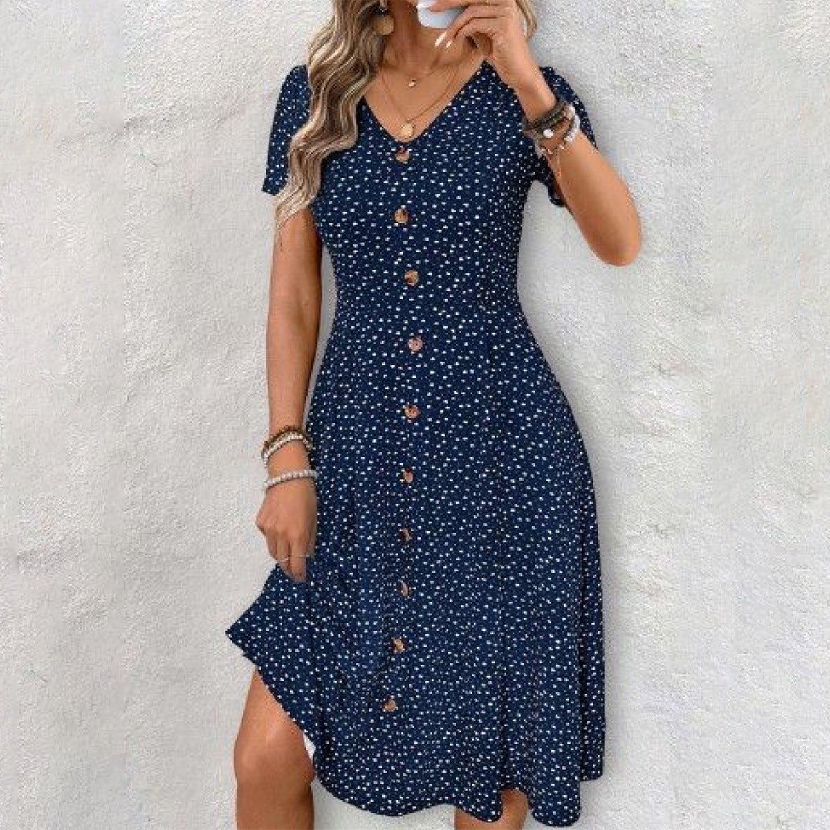 Robe midi femme col V imprimé pois manches courtes boutonnée devant