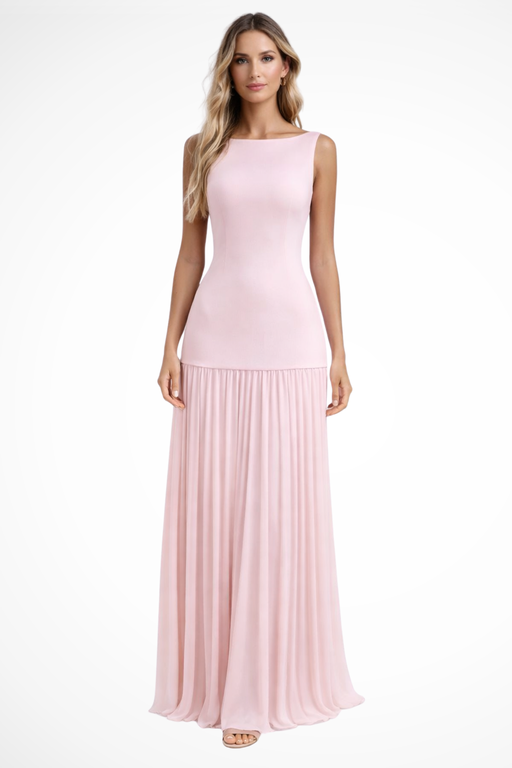 Robe longue femme plissée sans manches coupe moulante élégante cérémonie soirée