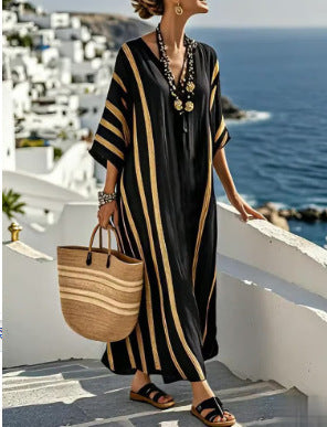 Robe kimono femme longue col V manches larges imprimé rayé coupe ample