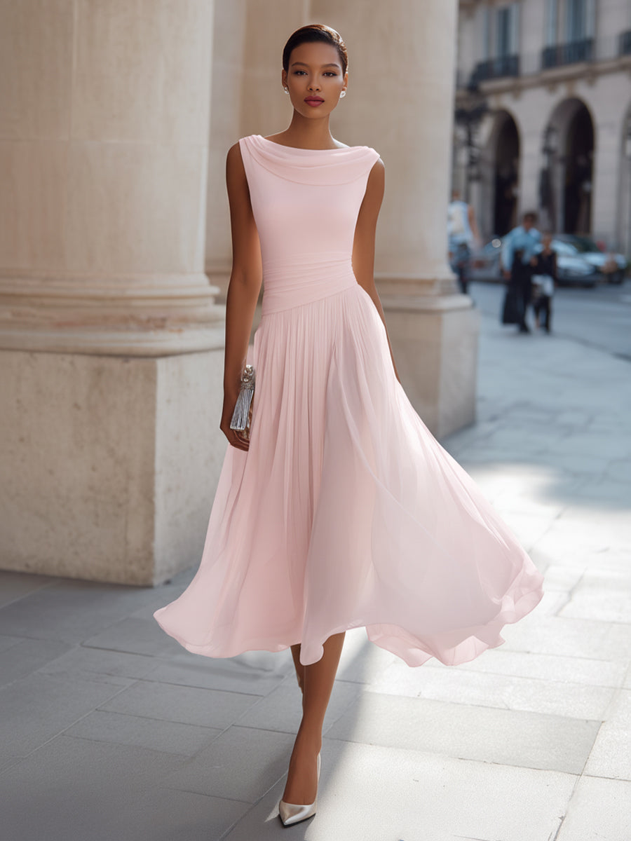 Robe midi col drapé plissée sans manches cérémonie
