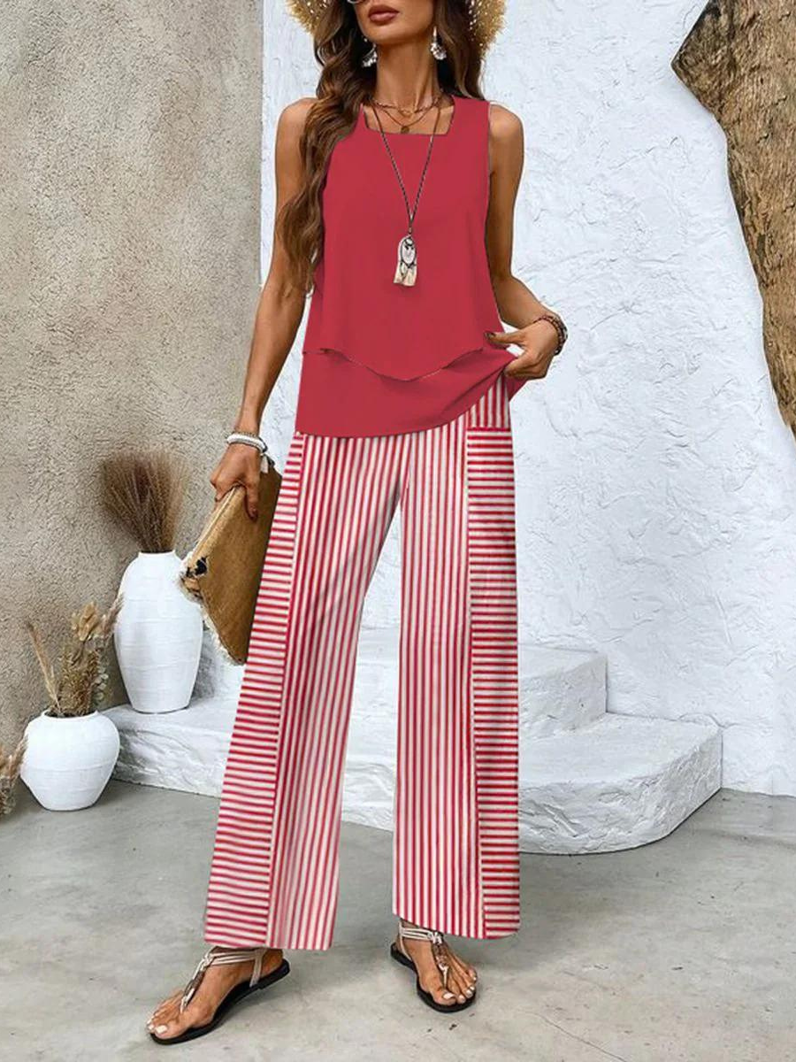Ensemble femme haut sans manches et pantalon large imprimé fluide