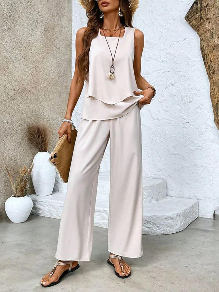 Ensemble femme haut sans manches et pantalon large imprimé fluide