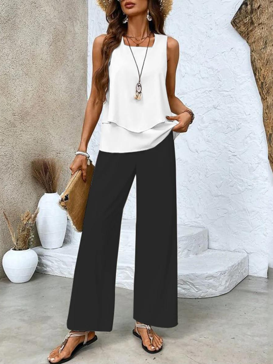 Ensemble femme haut sans manches et pantalon large imprimé fluide
