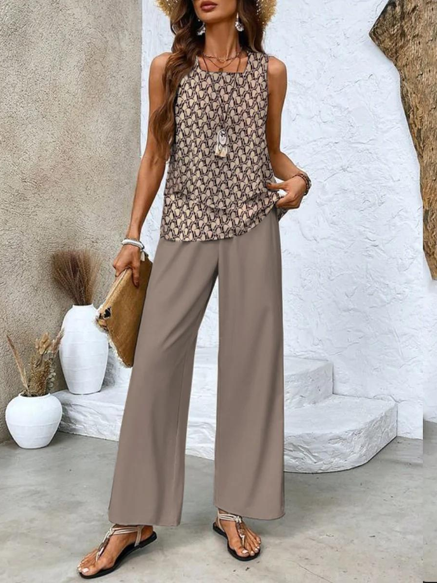 Ensemble femme haut sans manches et pantalon large imprimé fluide
