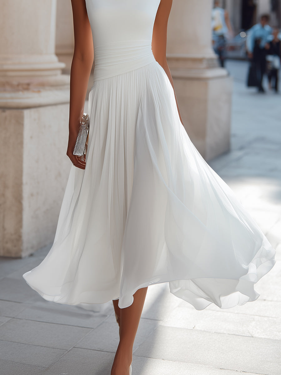 Robe midi col drapé plissée sans manches cérémonie