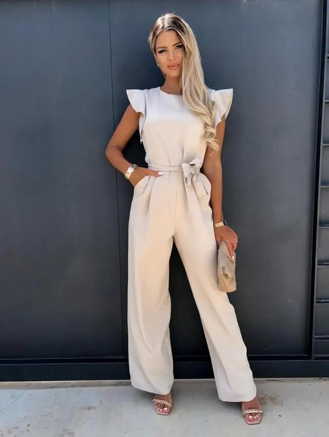 Combinaison pantalon femme invitée mariage à jambes larges avec ceinture nouée