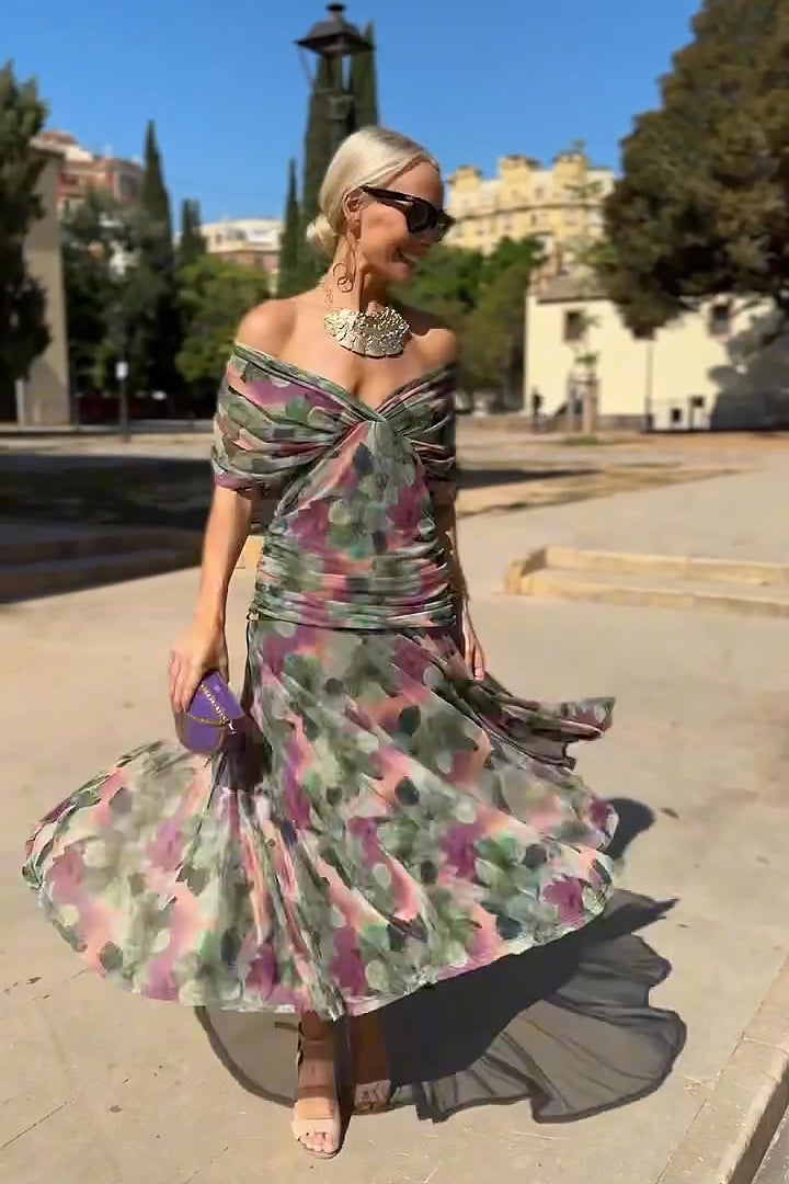 Robe longue femme col cache-cœur drapée en mousseline fluide élégante