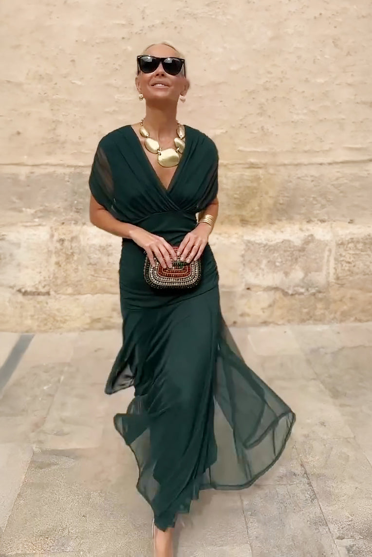 Robe longue femme col cache-cœur drapée en mousseline fluide élégante