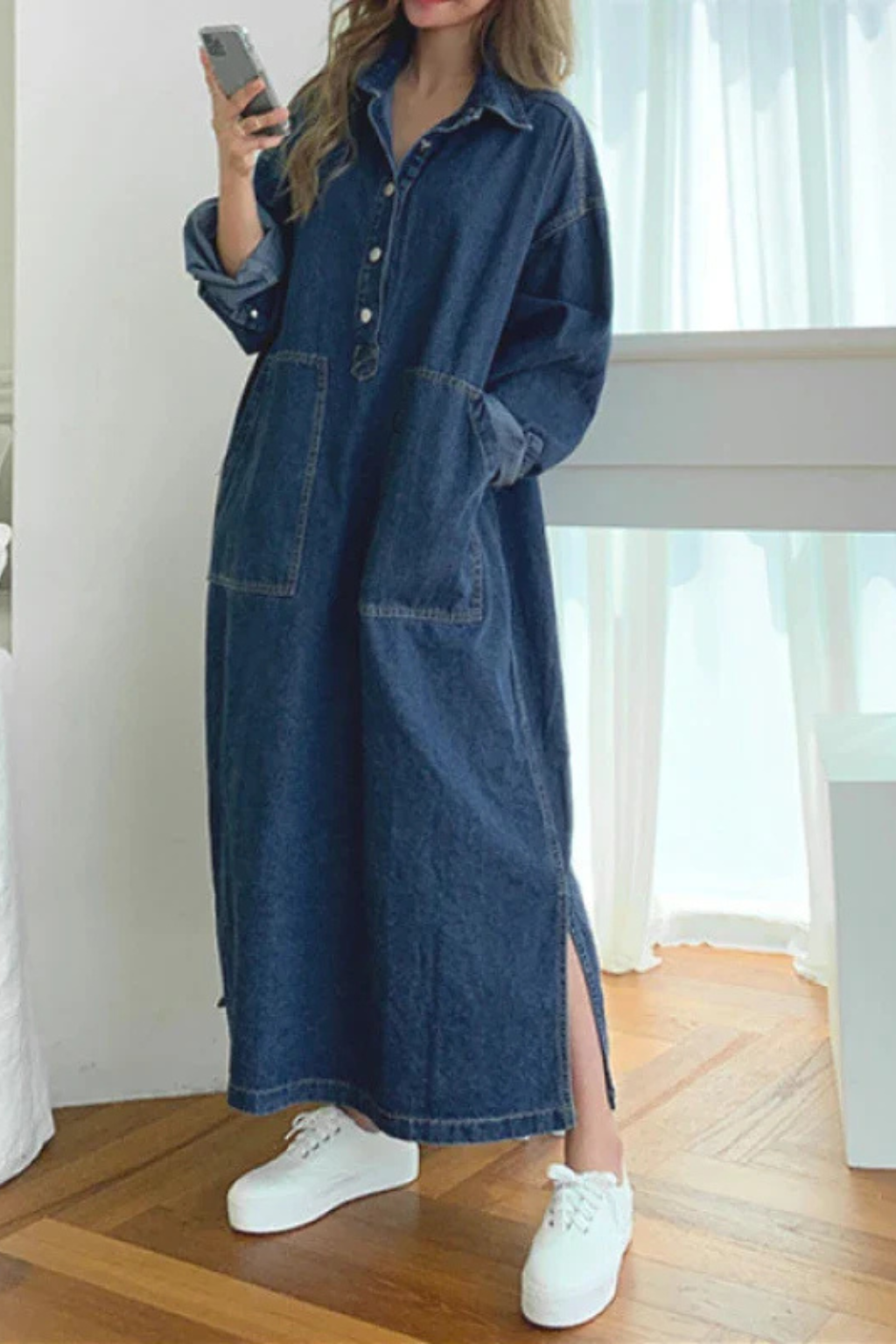 Robe en jean longue oversize col chemise manches longues