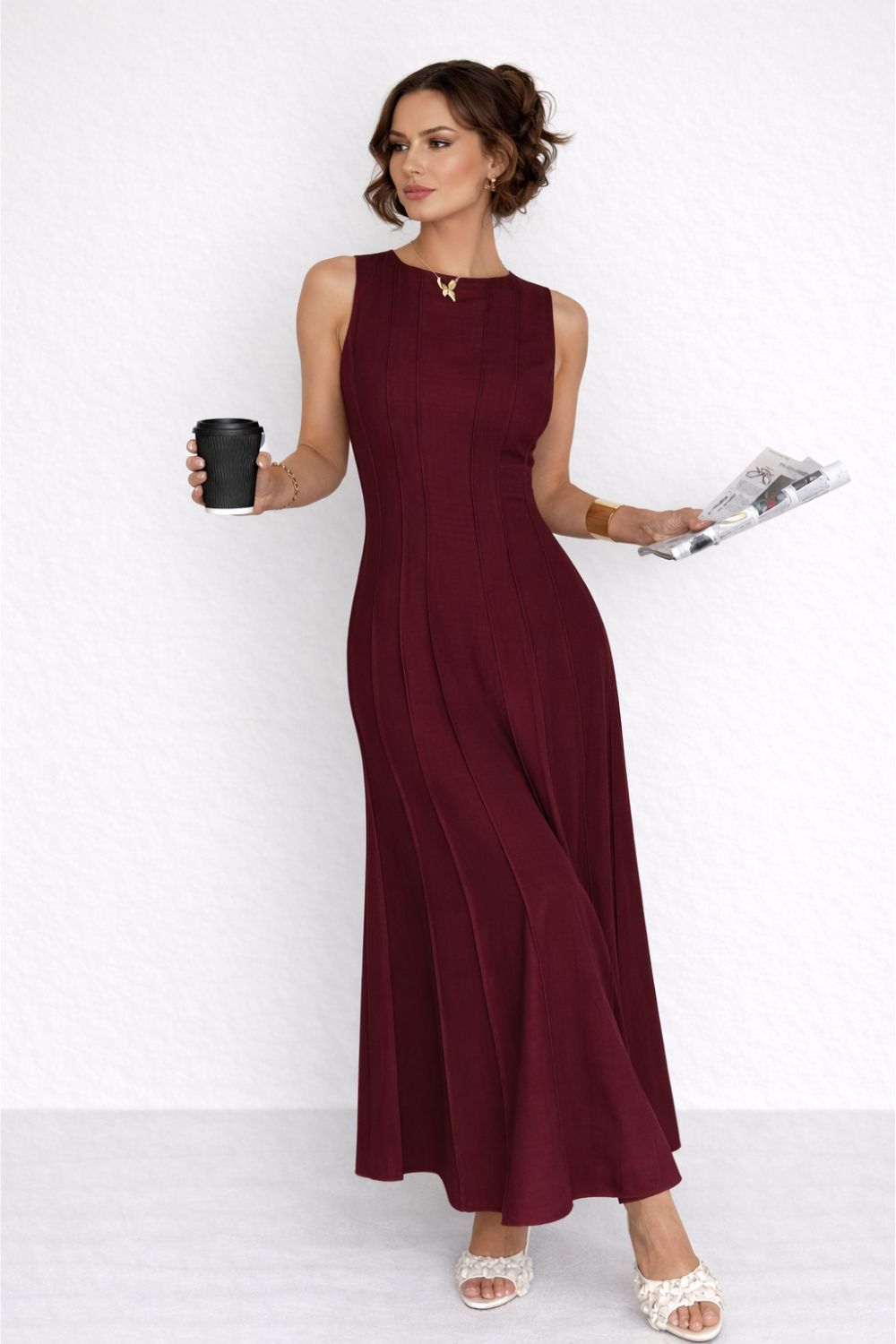 Robe longue femme en lin sans manches taille cintrée coupe évasée