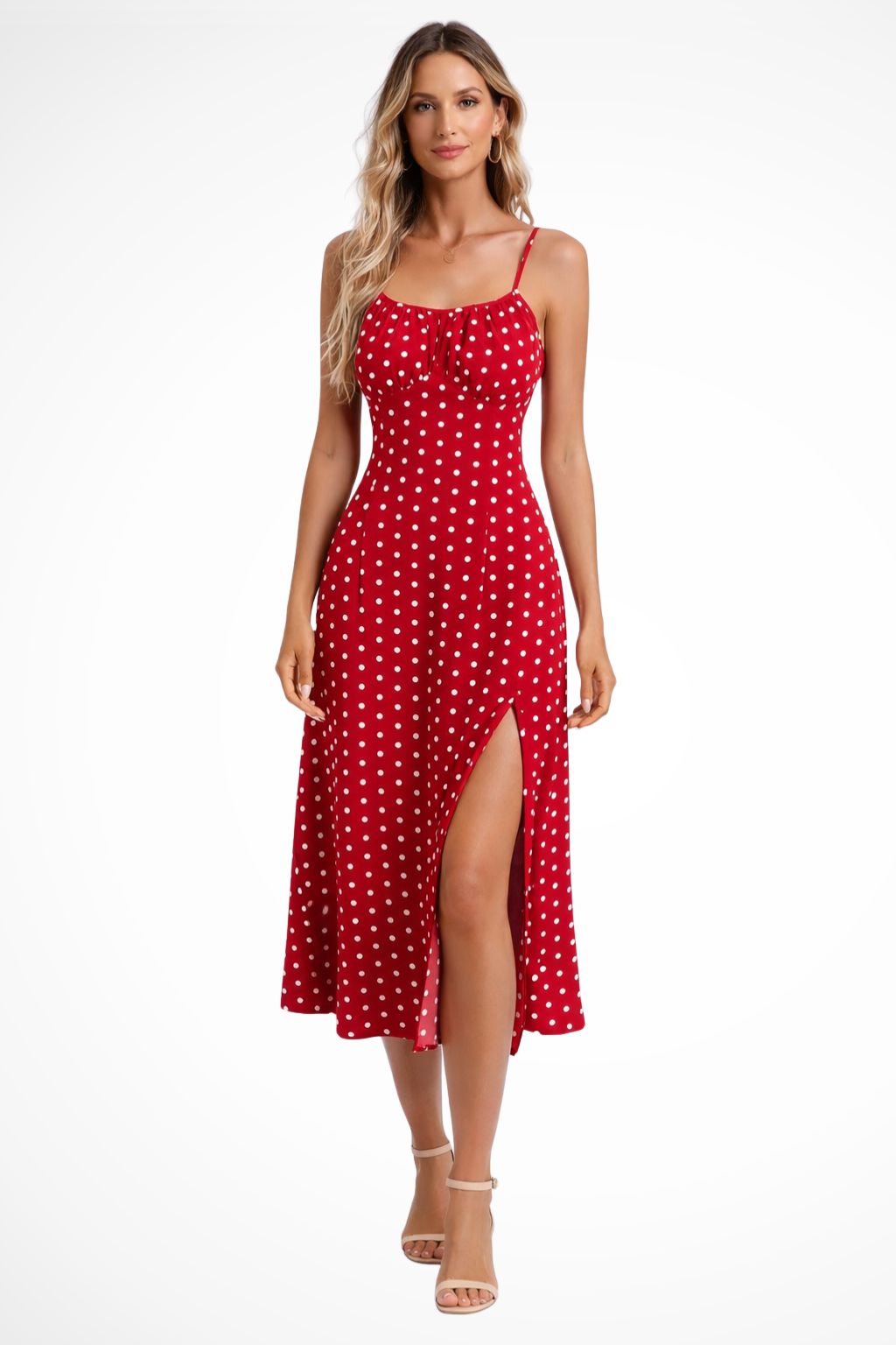 Robe midi femme à pois bretelles fines fente avant coupe cintrée été