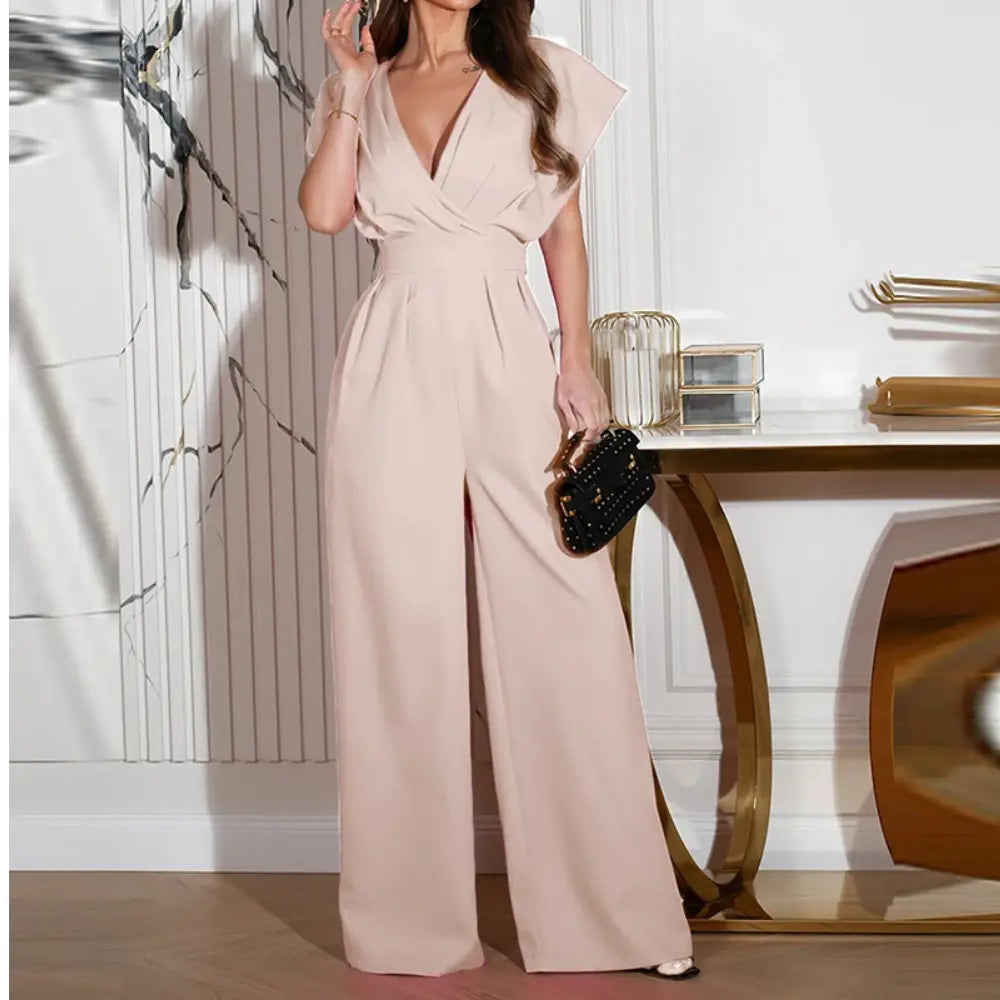 Combinaison pantalon femme col cache-cœur à jambes larges avec manches volantées
