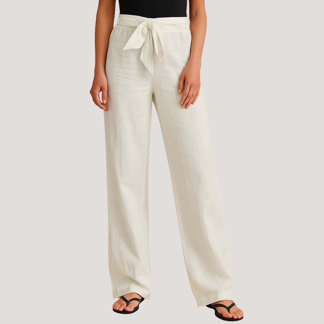 Pantalon large femme en lin à taille élastique avec cordon de serrage