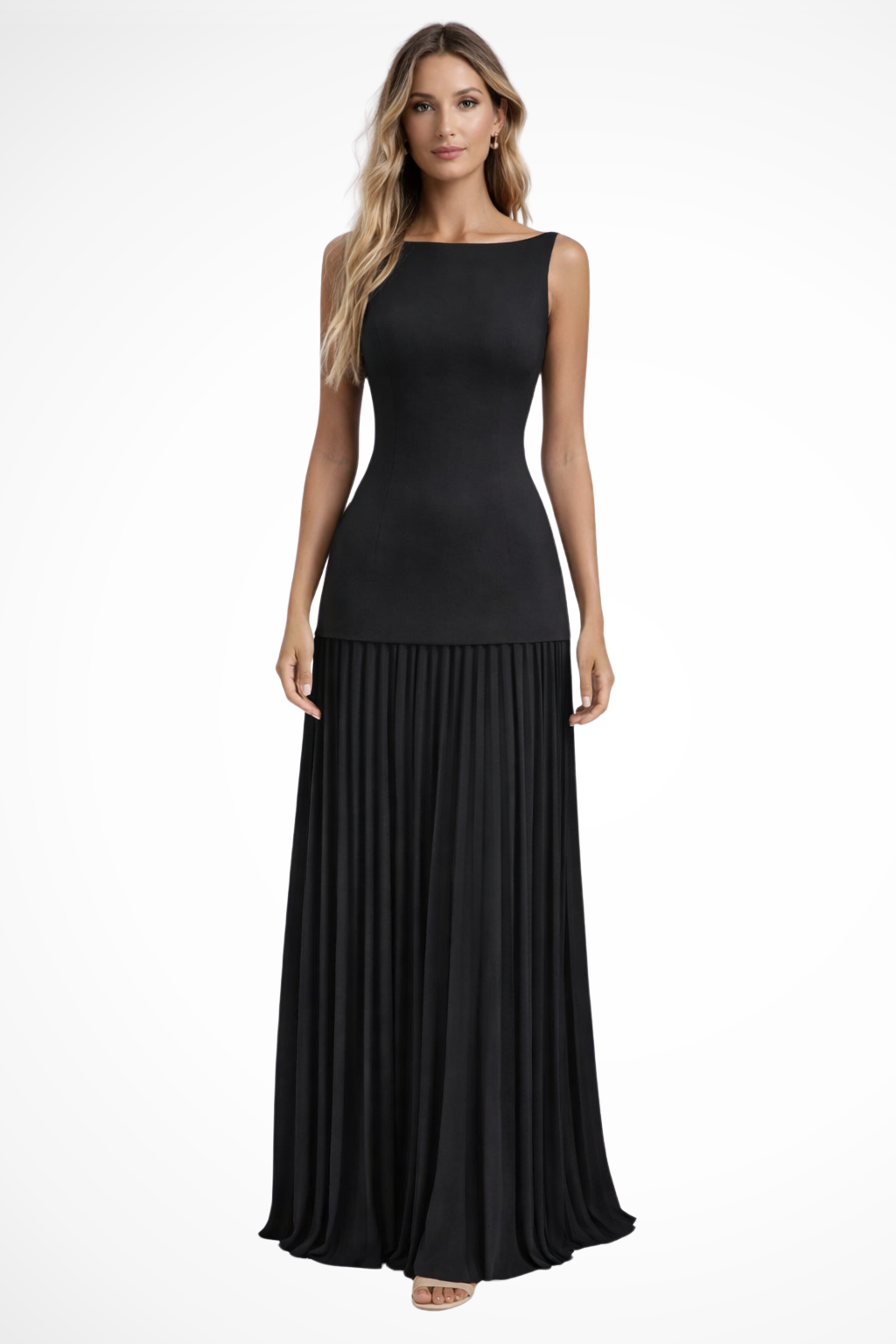 Robe longue femme plissée sans manches coupe moulante élégante cérémonie soirée