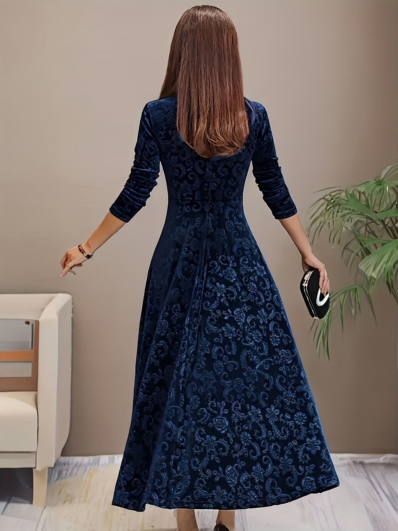 Robe midi femme col carré manches longues coupe évasée élégante