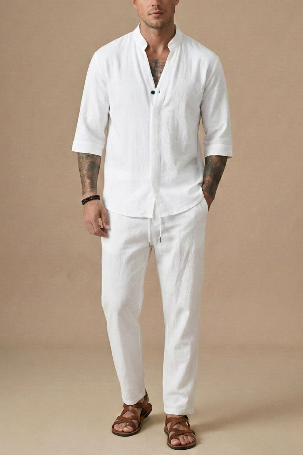 Ensemble homme lin chemise manches courtes col mao pantalon à cordon décontracté