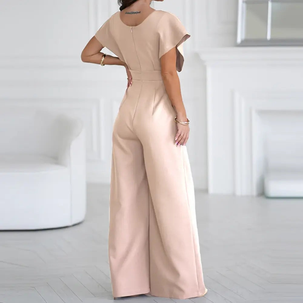 Combinaison pantalon femme col cache-cœur à jambes larges avec manches volantées