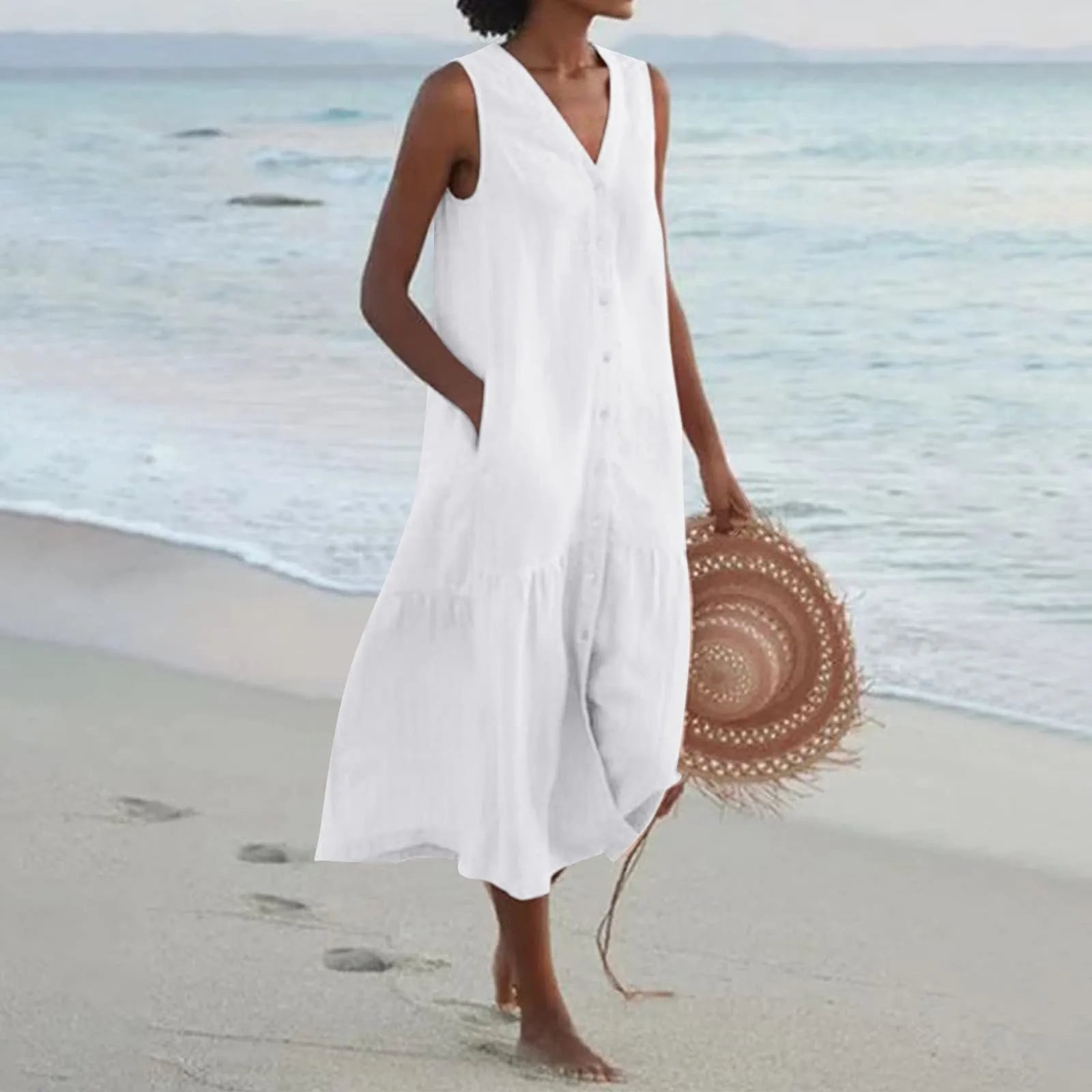 Robe midi femme col V sans manches boutonnée coupe ample poches