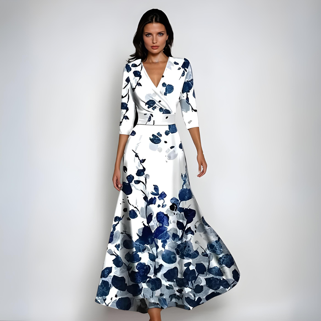 Robe longue portefeuille femme imprimé floral col V manches 3/4 été