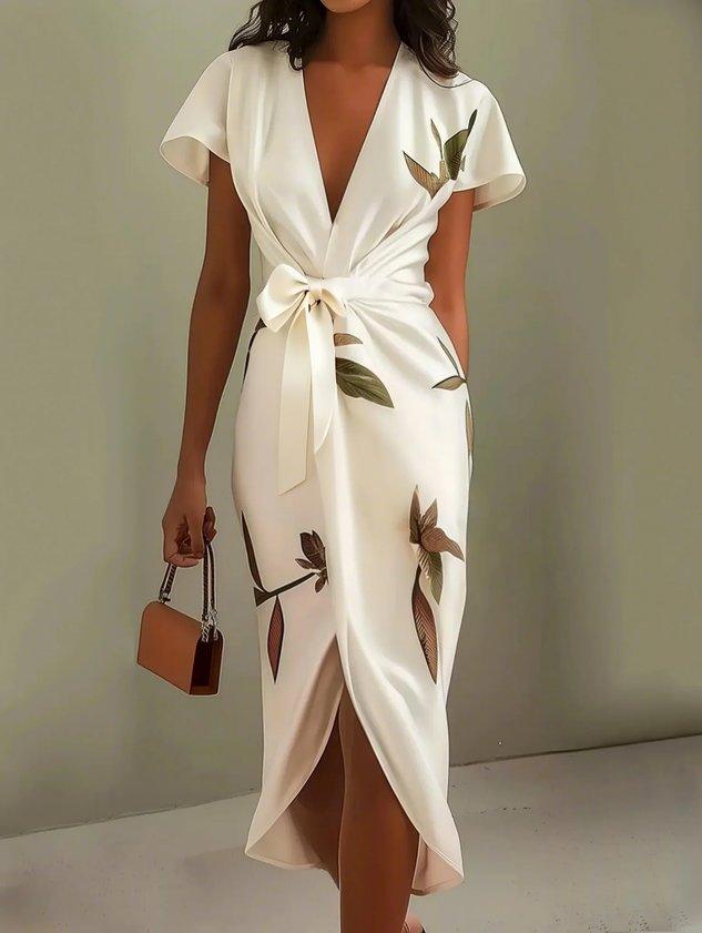 Robe portefeuille midi col V imprimée manches courtes ceinture