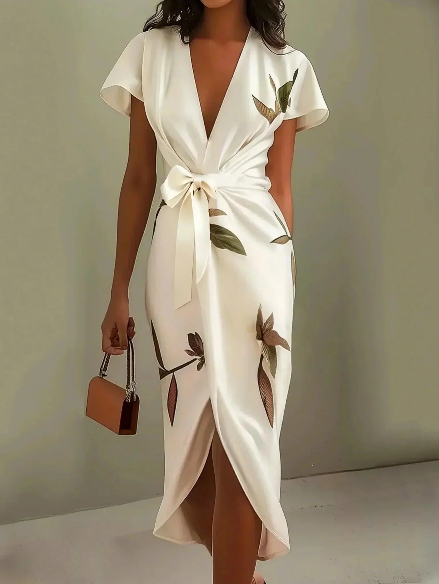 Robe portefeuille midi col V imprimée manches courtes ceinture