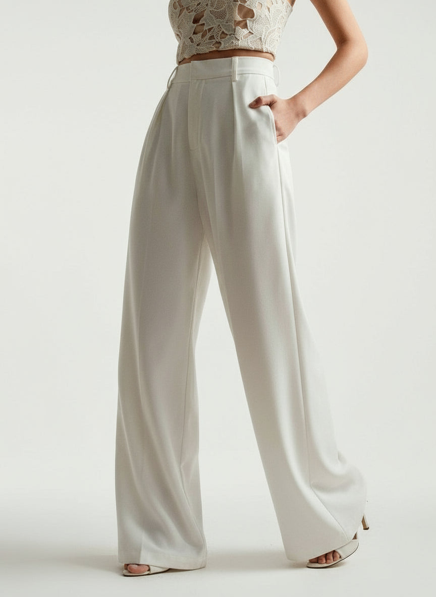 Pantalon large femme taille haute plis avant coupe fluide palazzo