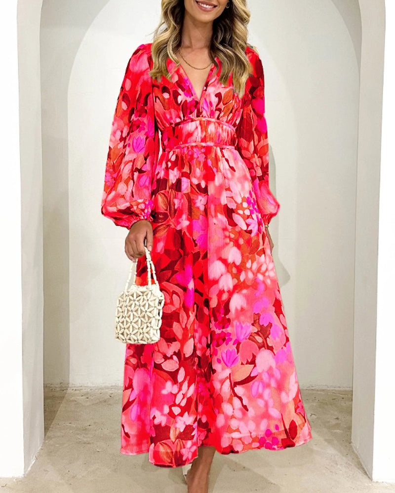Robe bohème longue femme imprimé floral col V manches longues taille empire