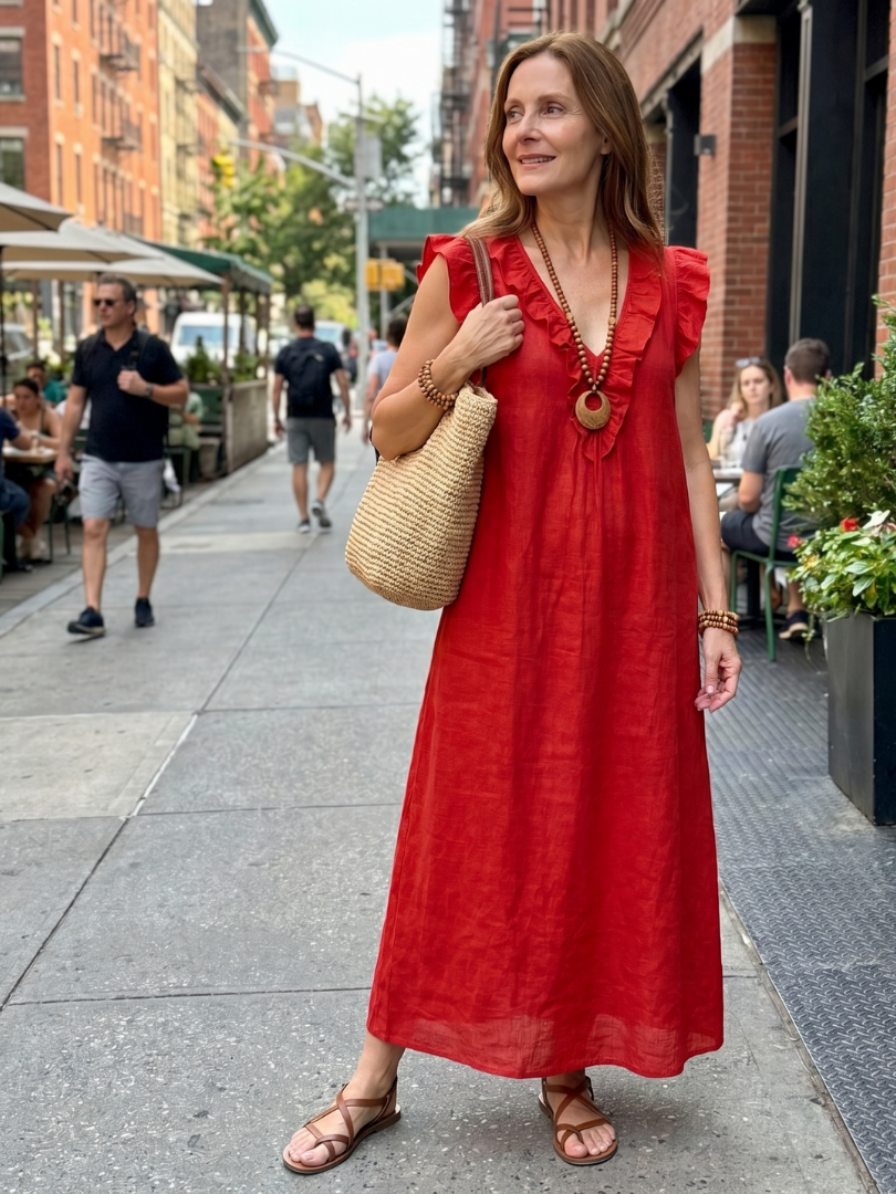 Robe longue femme en lin col V à volants sans manches coupe ample avec poches