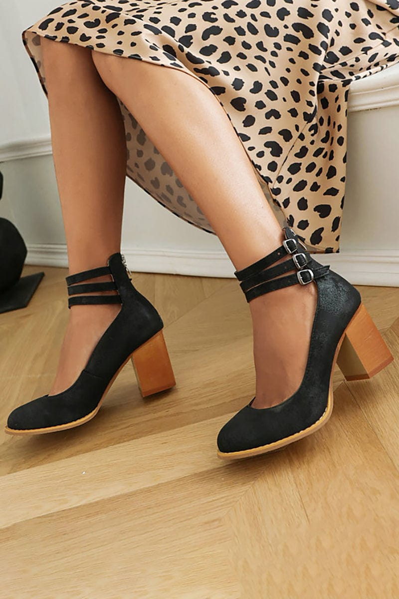 Escarpins femme bride cheville talon bloc bout rond chaussures à boucles élégantes