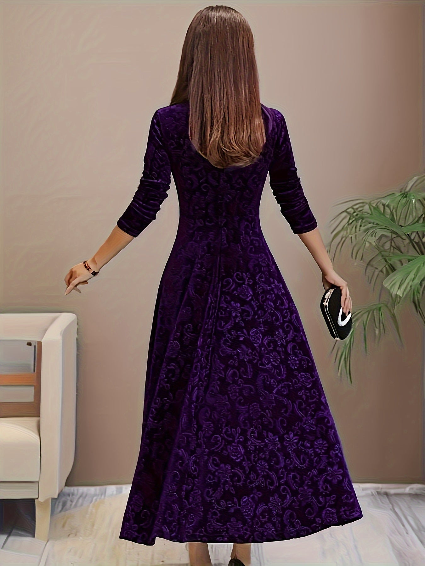 Robe midi femme col carré manches longues coupe évasée élégante