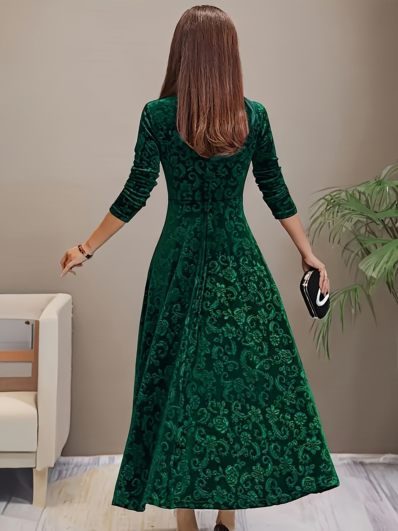 Robe midi femme col carré manches longues coupe évasée élégante