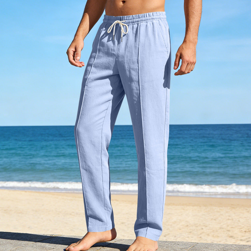 Pantalon homme lin taille élastique cordon de serrage coupe droite