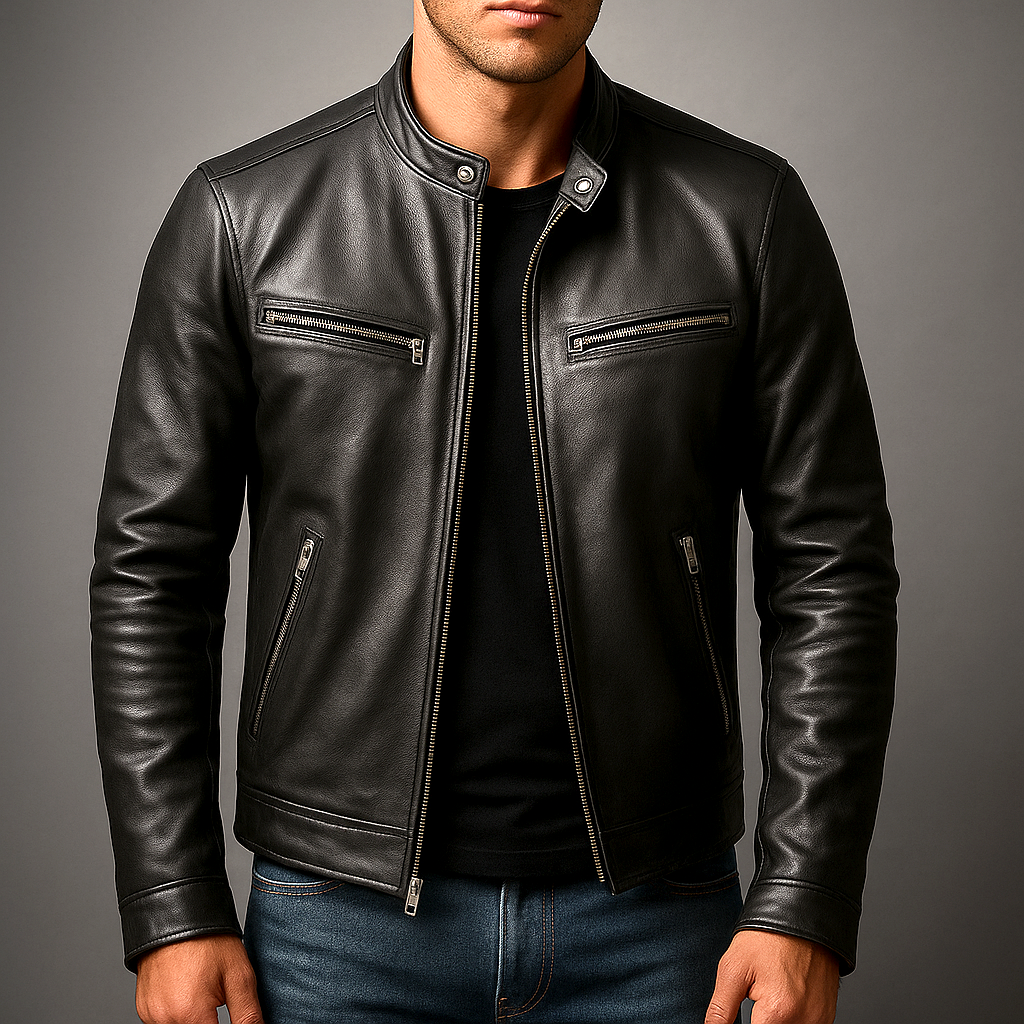 Veste homme style motard en cuir avec col montant et fermeture zippée