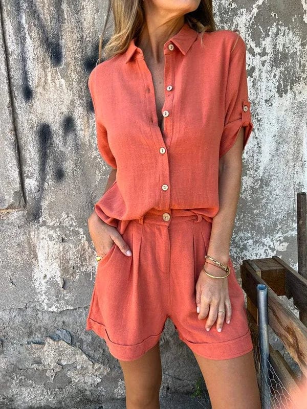 Ensemble femme chemise manches retroussables short taille haute ample casual