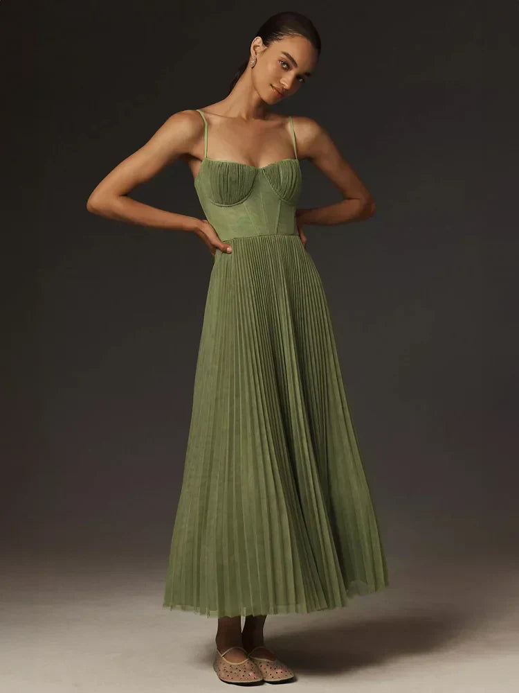 Robe midi femme bustier tulle plissé à bretelles robe été