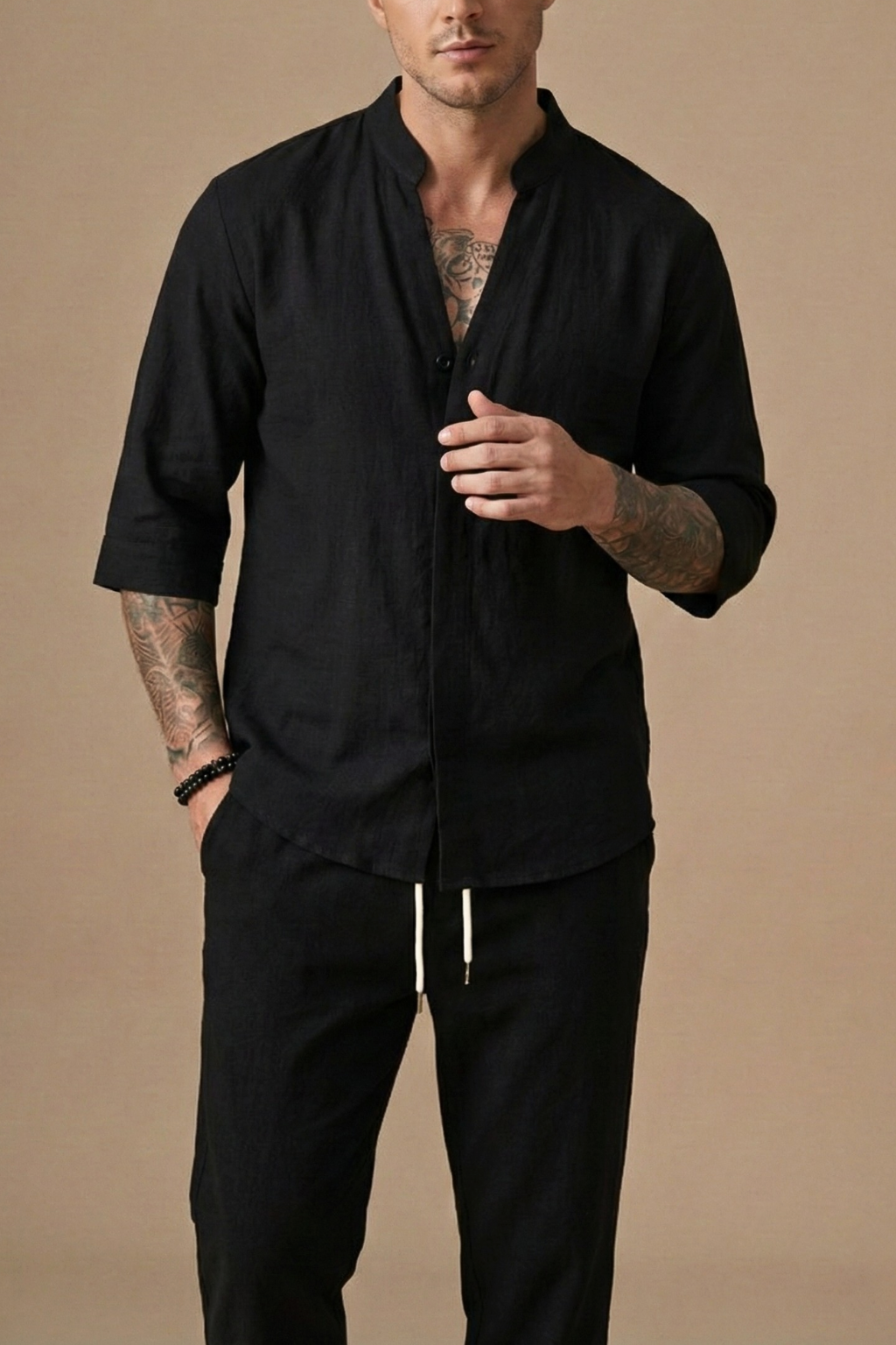 Ensemble homme lin chemise manches courtes col mao pantalon à cordon décontracté