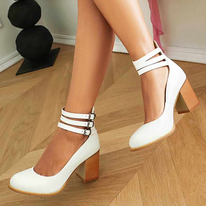 Escarpins femme bride cheville talon bloc bout rond chaussures à boucles élégantes