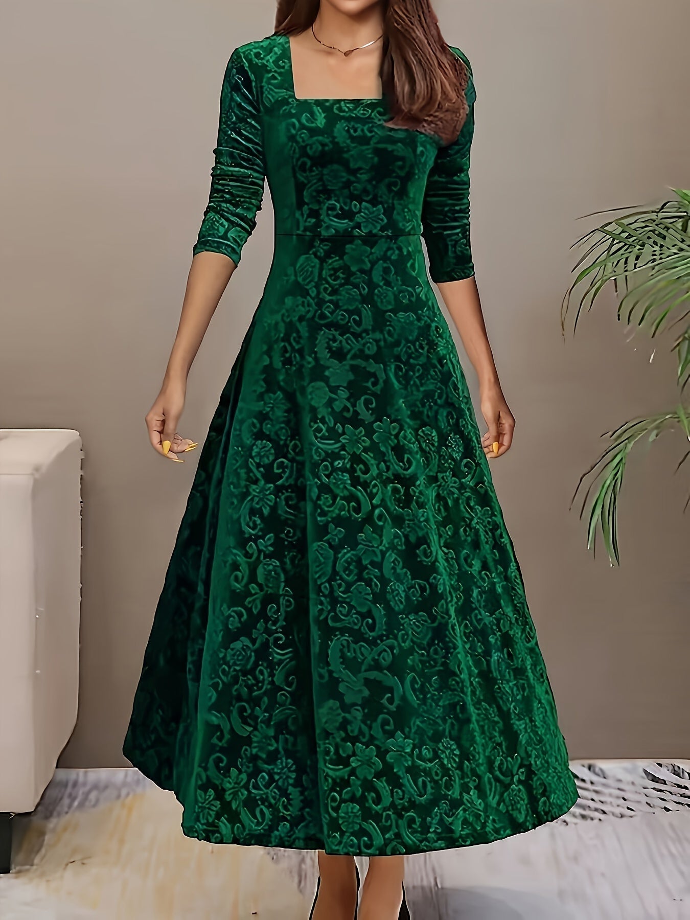 Robe midi femme col carré manches longues coupe évasée élégante