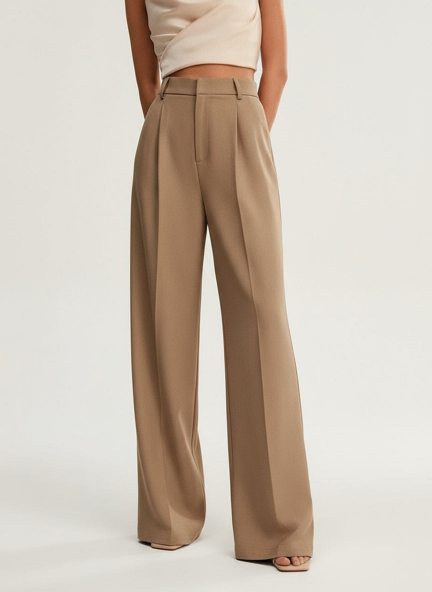 Pantalon large femme taille haute plis avant coupe fluide palazzo