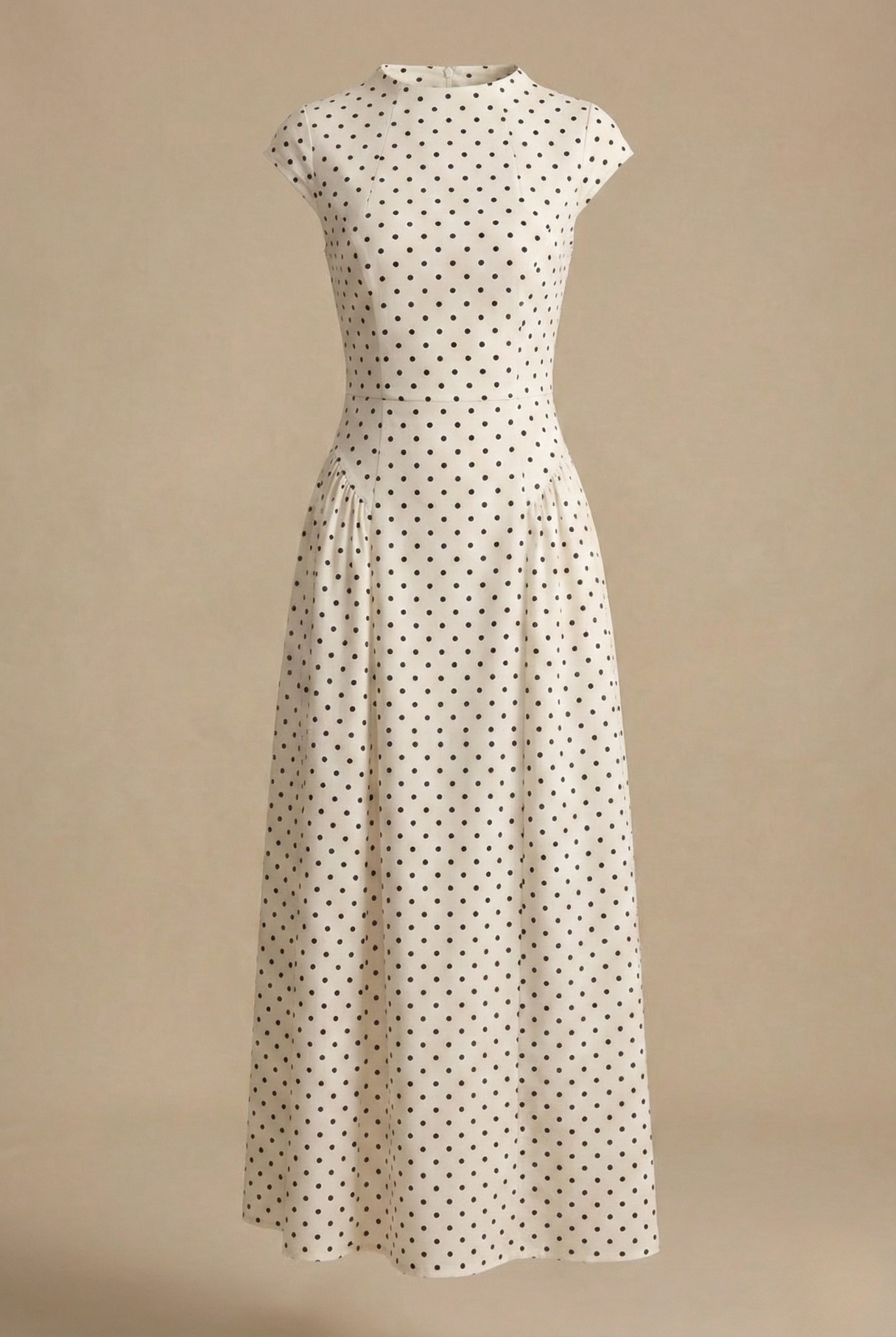 Robe longue femme à pois col montant manches courtes coupe cintrée élégante