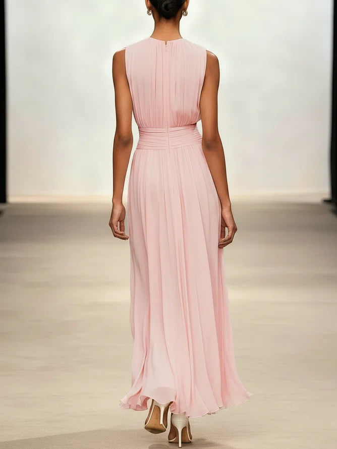 Robe longue mousseline sans manches col rond invitée mariage