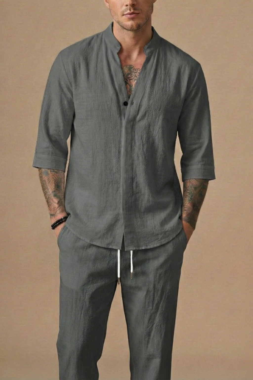 Ensemble homme lin chemise manches courtes col mao pantalon à cordon décontracté