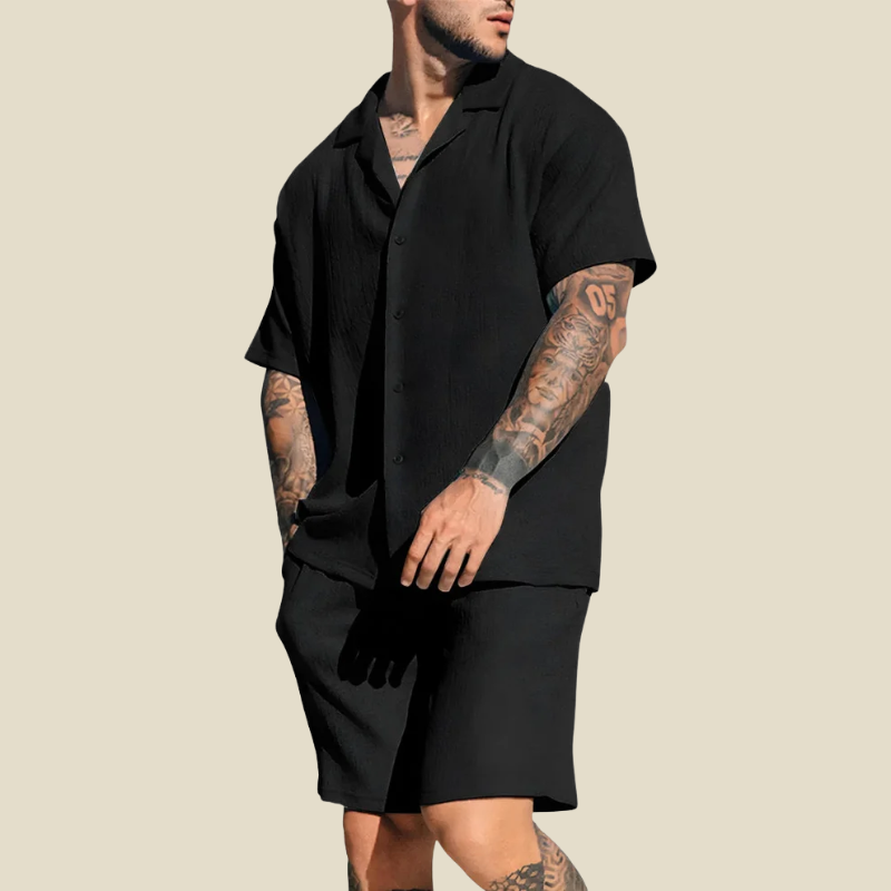 Ensemble chemise short homme été manches courtes col camp coupe décontractée