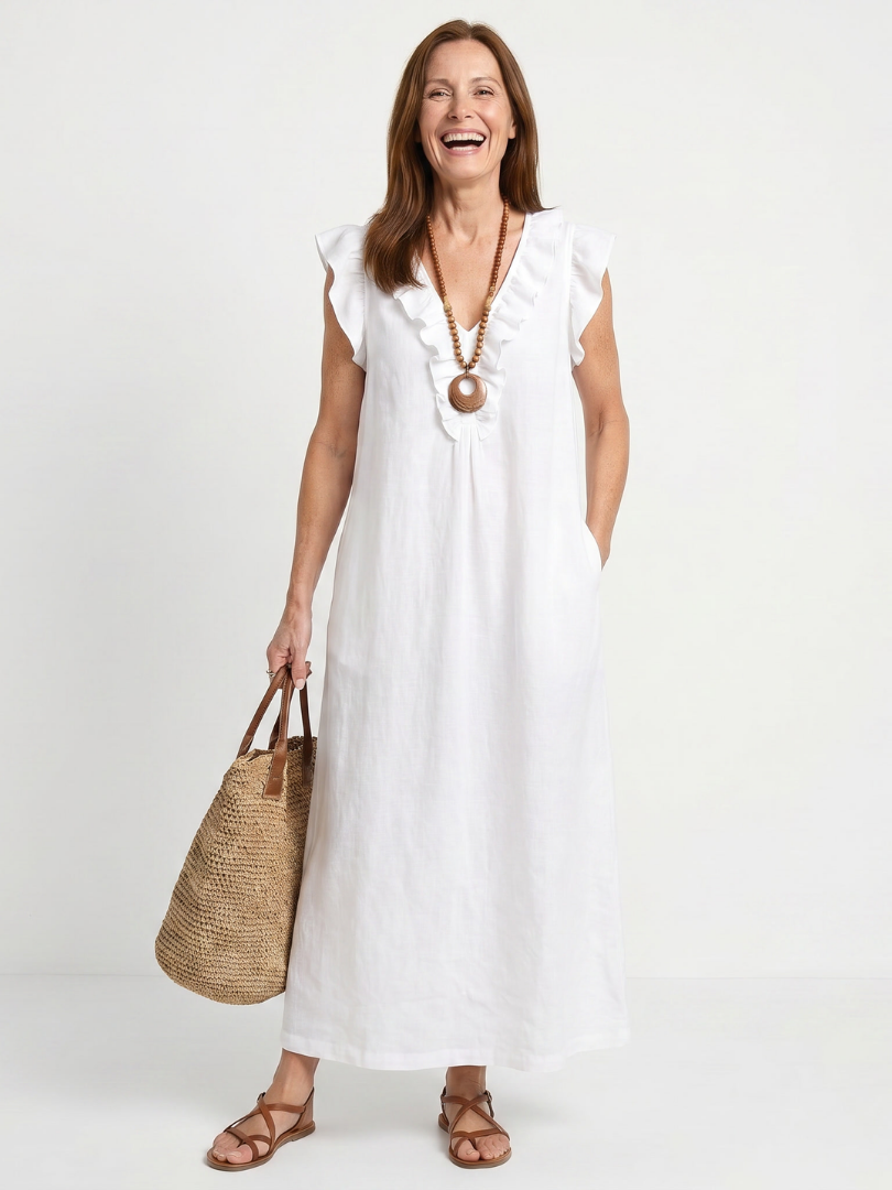 Robe longue femme en lin col V à volants sans manches coupe ample avec poches