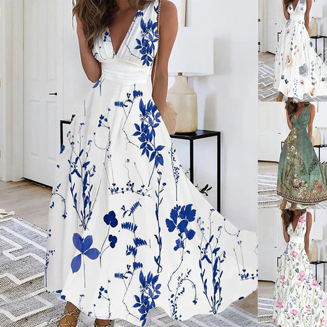 Robe longue femme imprimé floral sans manches col V taille empire