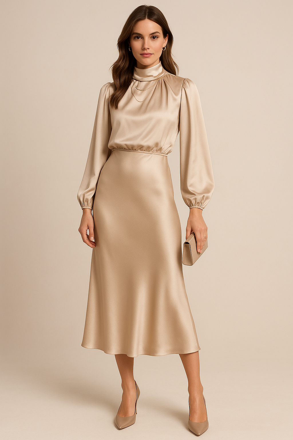 Robe midi femme satinée col montant manches longues coupe fluide élégante