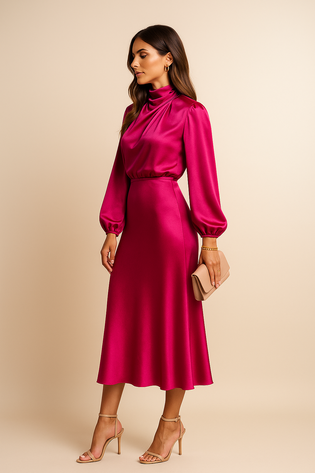 Robe midi femme satinée col montant manches longues coupe fluide élégante