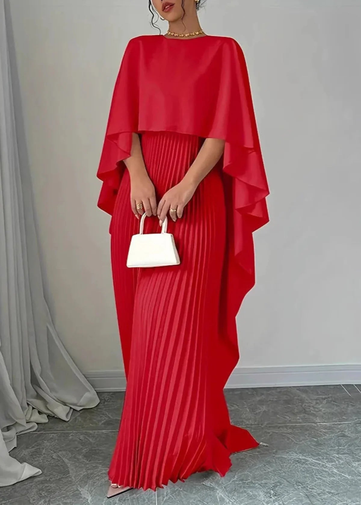 Robe longue femme plissée cape fluide manches chauve-souris élégante soirée