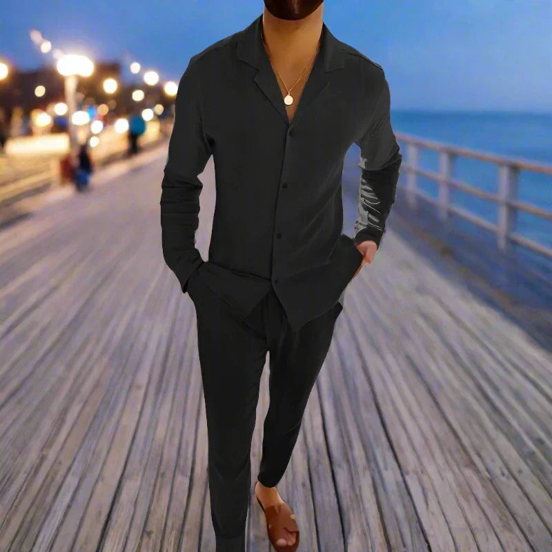 Ensemble lin homme 2 pièces chemise col revers pantalon droit été