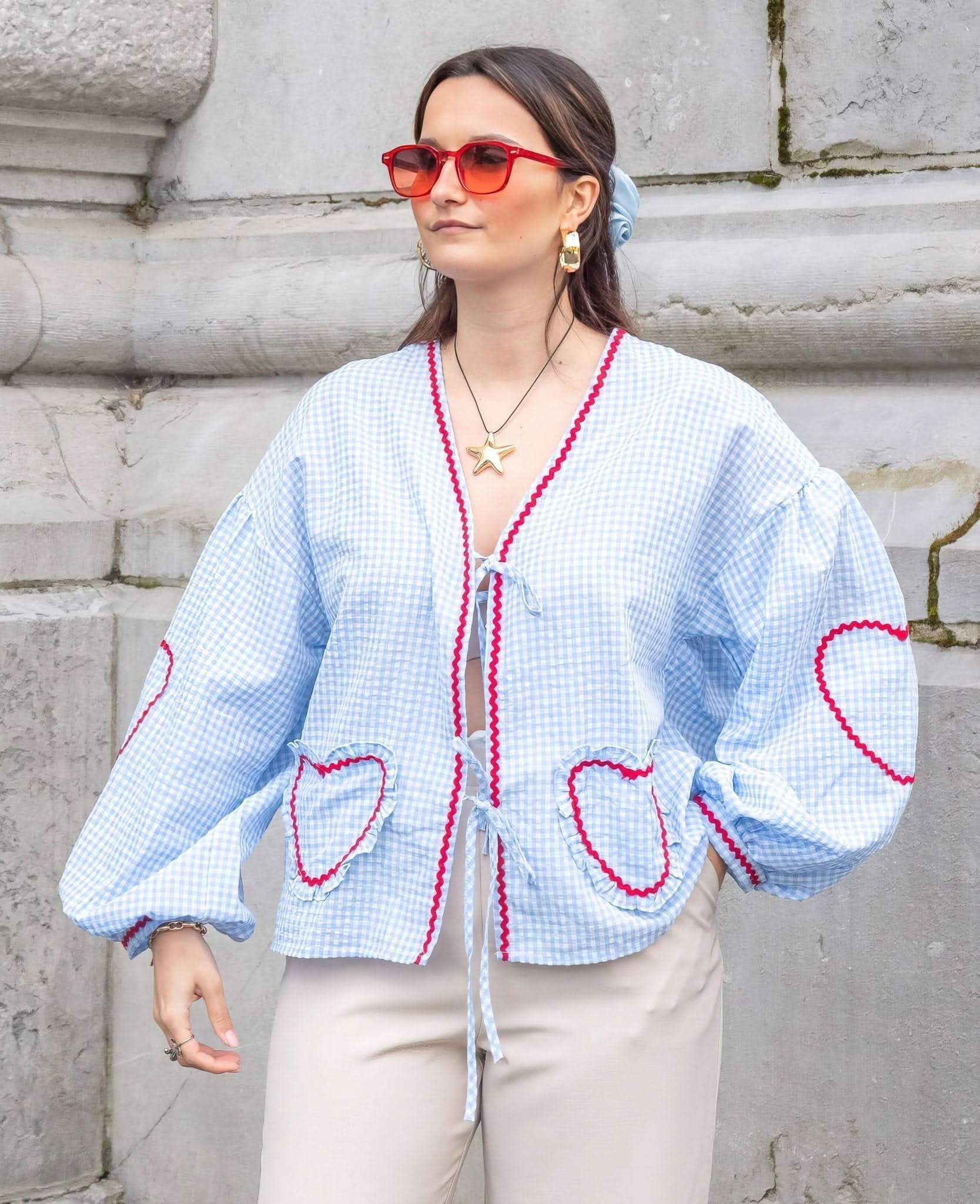Blouse femme vichy col V à nouer manches longues oversize style bohème